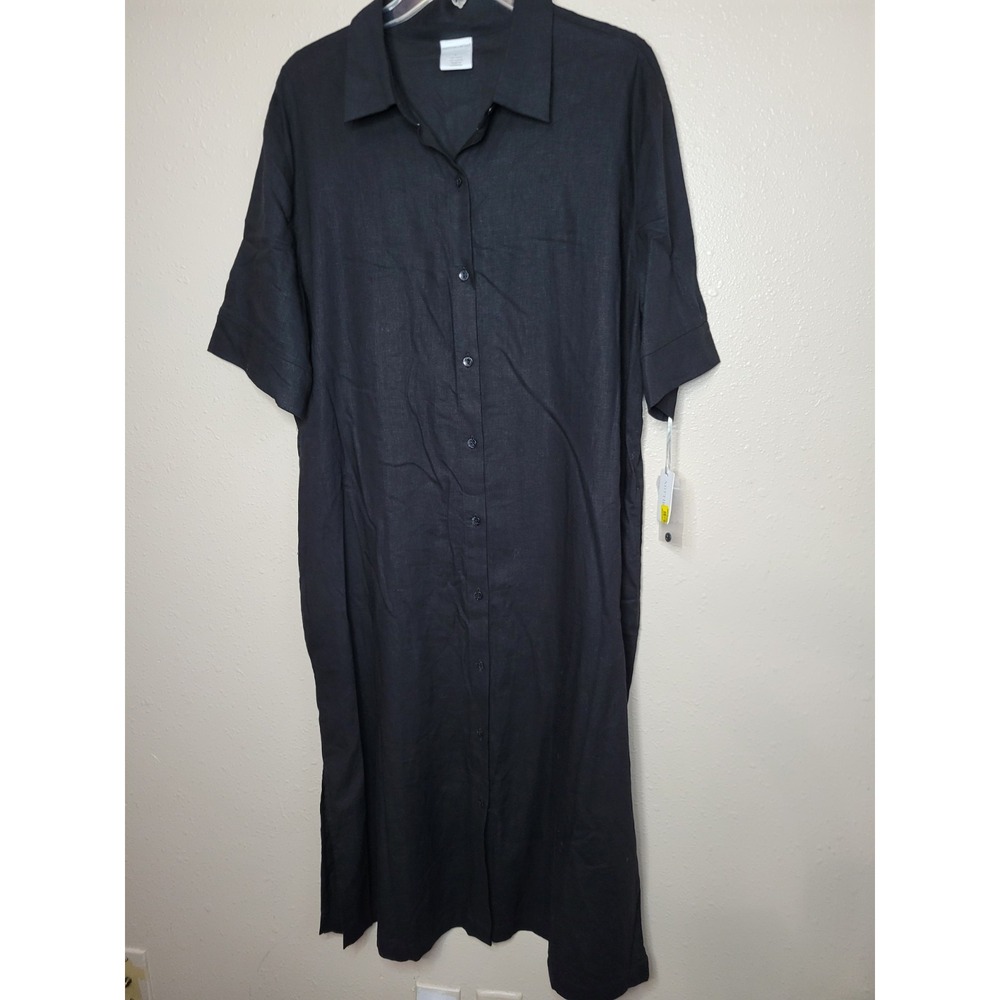 NOTTIBIANCHE Short Sleeve V-Neck Linen Blend Kaftan Dress Button Front Sz L
